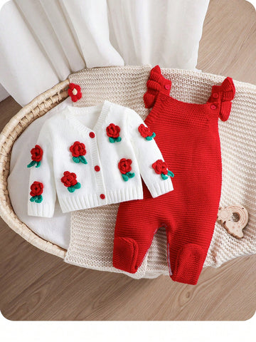 Baby Girl Floral Pattern Knitted Cardigan, Bib Overalls, Sweater Romper Set