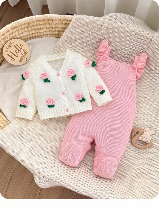 Baby Girl Floral Pattern Knitted Cardigan, Bib Overalls, Sweater Romper Set