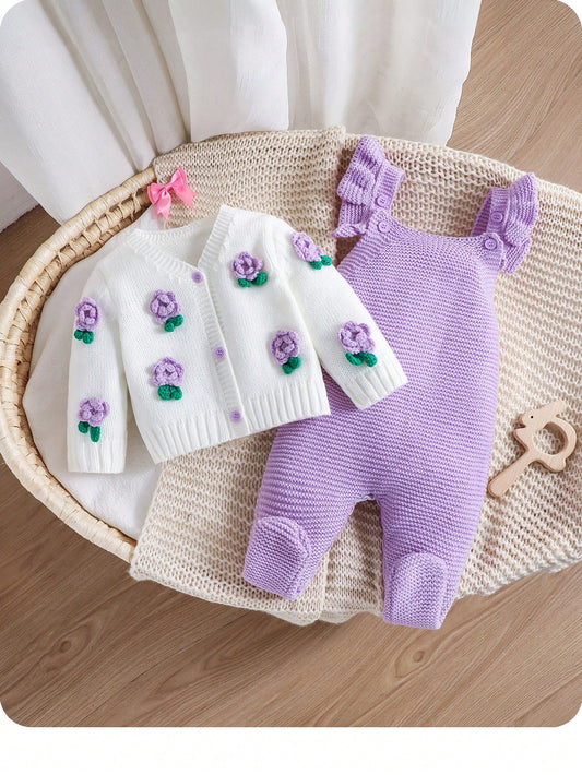 Baby Girl Floral Pattern Knitted Cardigan, Bib Overalls, Sweater Romper Set