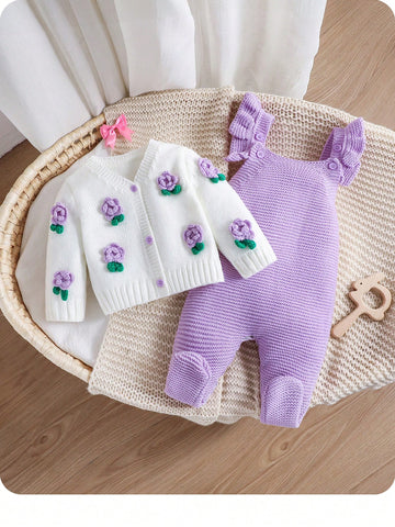 Baby Girl Floral Pattern Knitted Cardigan, Bib Overalls, Sweater Romper Set