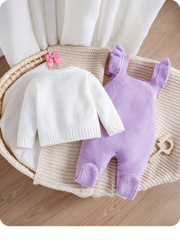 Baby Girl Floral Pattern Knitted Cardigan, Bib Overalls, Sweater Romper Set