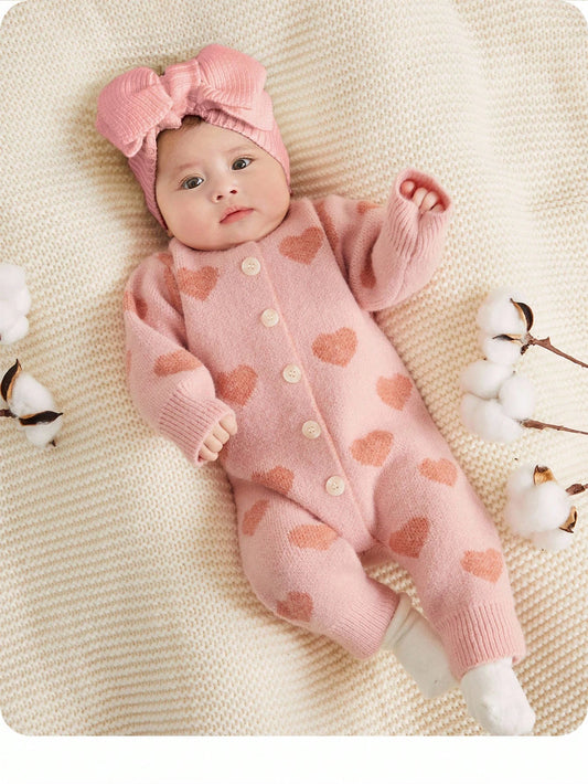 Newborn Baby Girls Cute Heart Pattern Pink Long Sleeve Jumpsuit