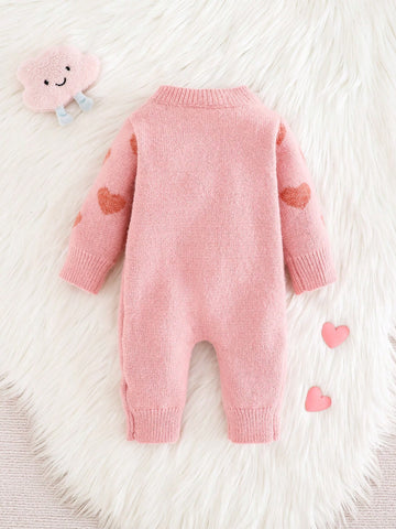 Newborn Baby Girls Cute Heart Pattern Pink Long Sleeve Jumpsuit