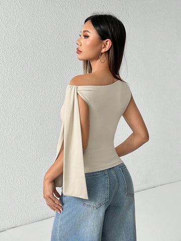 PETITE Solid Color Asymmetrical Neck Tie Strap Blouse