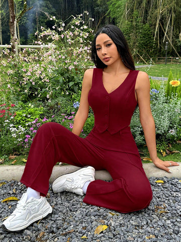 2pcs Women's Solid V-Neck Sleeveless Button Front Top And Pants Set