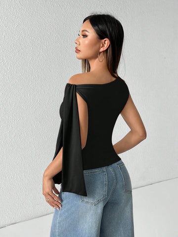 PETITE Solid Color Asymmetrical Neck Tie Strap Blouse