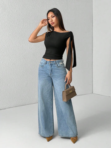 PETITE Solid Color Asymmetrical Neck Tie Strap Blouse