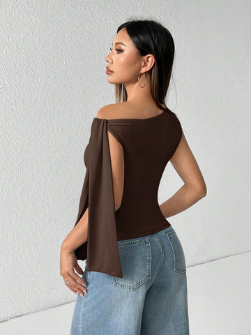 PETITE Solid Color Asymmetrical Neck Tie Strap Blouse