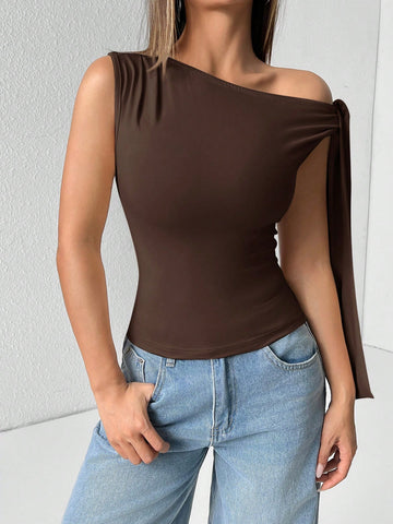 PETITE Solid Color Asymmetrical Neck Tie Strap Blouse