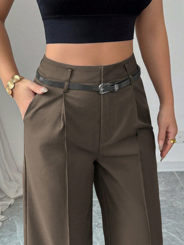 High Waist Solid Wide Leg Pants With Matching Vintage Belt