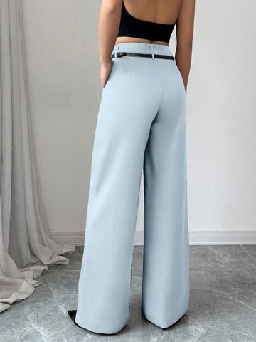 High Waist Solid Wide Leg Pants With Matching Vintage Belt