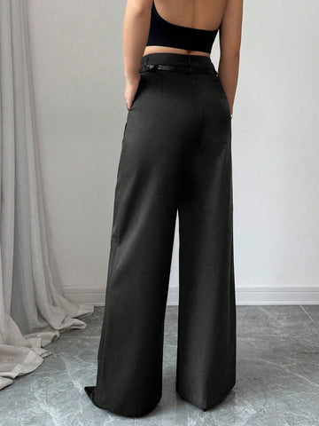 High Waist Solid Wide Leg Pants With Matching Vintage Belt