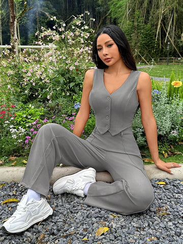 2pcs Women's Solid V-Neck Sleeveless Button Front Top And Pants Set