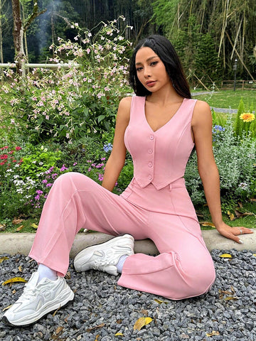 2pcs Women's Solid V-Neck Sleeveless Button Front Top And Pants Set