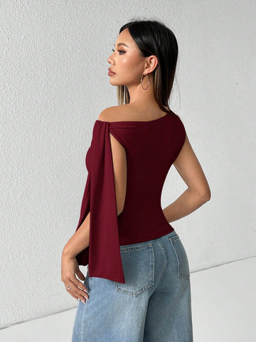 PETITE Solid Color Asymmetrical Neck Tie Strap Blouse