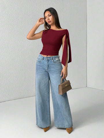 PETITE Solid Color Asymmetrical Neck Tie Strap Blouse