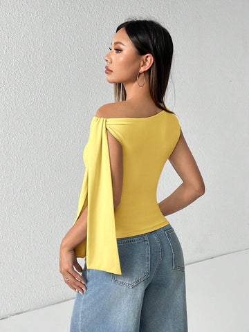 PETITE Solid Color Asymmetrical Neck Tie Strap Blouse