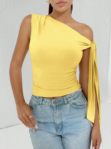 PETITE Solid Color Asymmetrical Neck Tie Strap Blouse