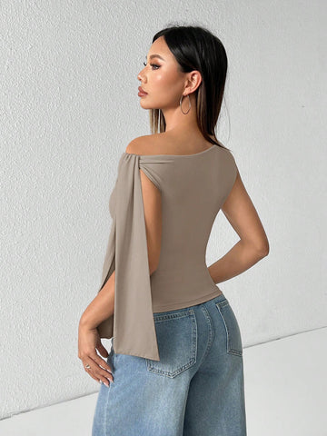 PETITE Solid Color Asymmetrical Neck Tie Strap Blouse