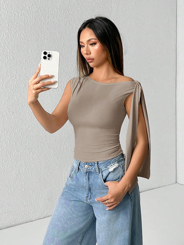 PETITE Solid Color Asymmetrical Neck Tie Strap Blouse
