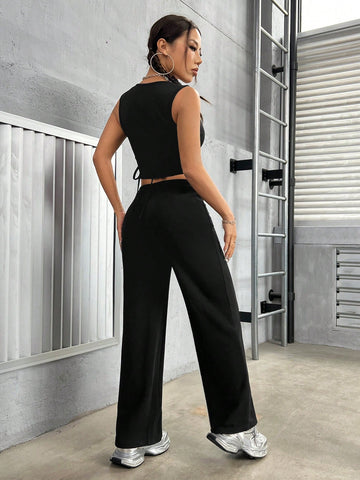 2pcs Women's Solid V-Neck Sleeveless Button Front Top And Pants Set