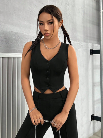 2pcs Women's Solid V-Neck Sleeveless Button Front Top And Pants Set
