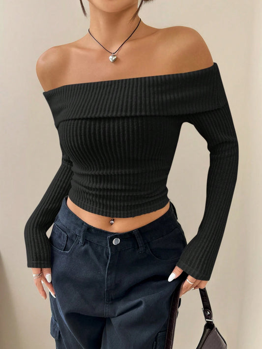 Women Open Shoulder Long Sleeve Crop Top T-Shirt