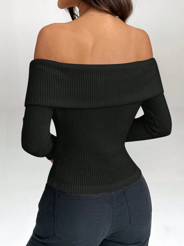 Women Open Shoulder Long Sleeve Crop Top T-Shirt