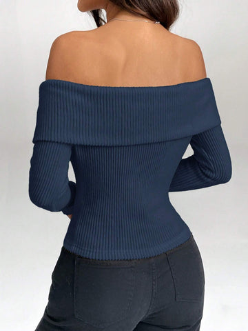 Women Open Shoulder Long Sleeve Crop Top T-Shirt