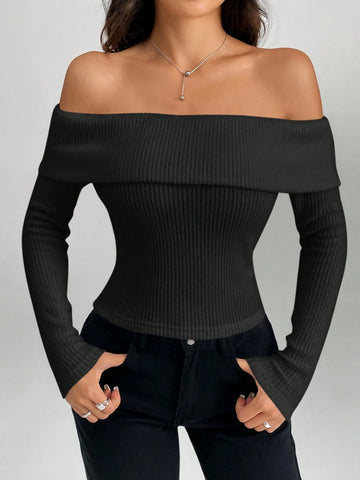 Women Open Shoulder Long Sleeve Crop Top T-Shirt