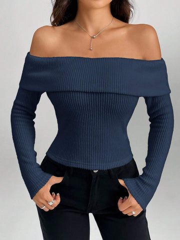 Women Open Shoulder Long Sleeve Crop Top T-Shirt
