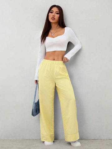 PETITE Women's Casual Minimalist Striped Wide-Leg Pants