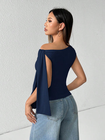 PETITE Solid Color Asymmetrical Neck Tie Strap Blouse