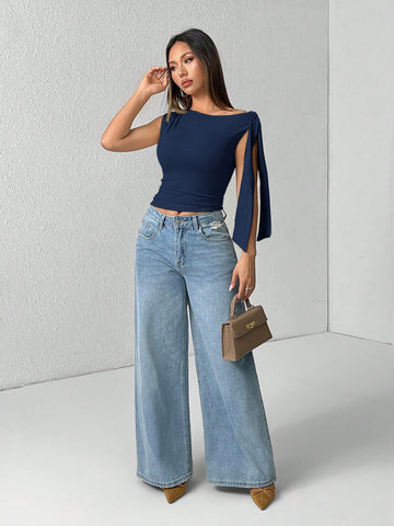 PETITE Solid Color Asymmetrical Neck Tie Strap Blouse