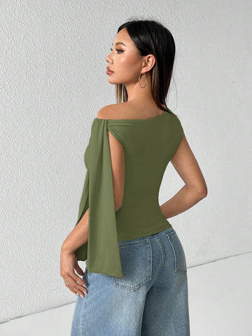 PETITE Solid Color Asymmetrical Neck Tie Strap Blouse