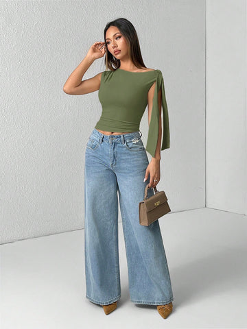 PETITE Solid Color Asymmetrical Neck Tie Strap Blouse