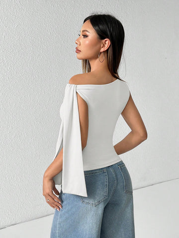 PETITE Solid Color Asymmetrical Neck Tie Strap Blouse