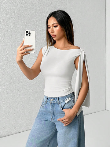 PETITE Solid Color Asymmetrical Neck Tie Strap Blouse