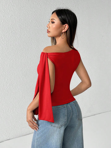 PETITE Solid Color Asymmetrical Neck Tie Strap Blouse