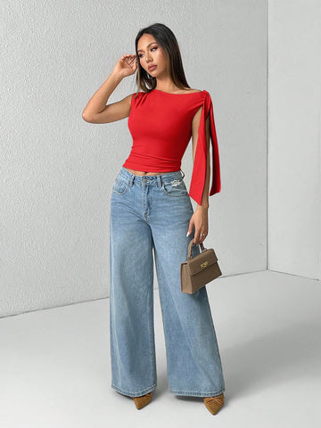PETITE Solid Color Asymmetrical Neck Tie Strap Blouse