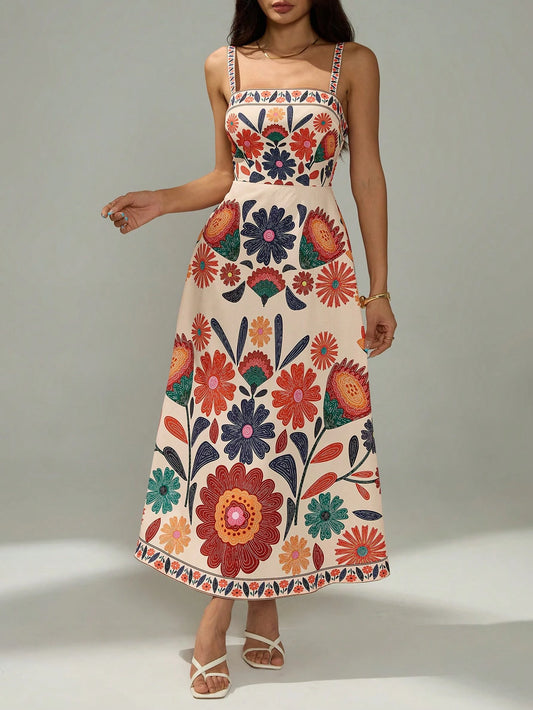 PETITE Women's Sleeveless Gathered Waist A-Line Floral Print Vacation Casual Dress
