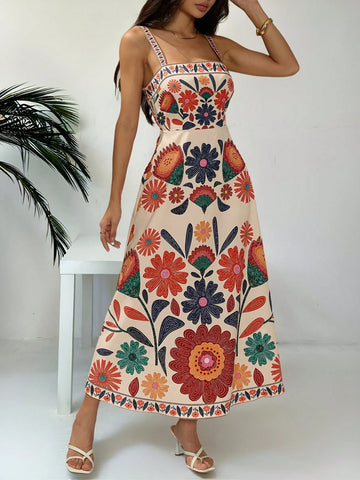 PETITE Women's Sleeveless Gathered Waist A-Line Floral Print Vacation Casual Dress