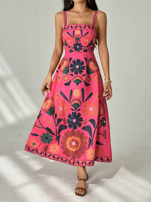 PETITE Women's Sleeveless Gathered Waist A-Line Floral Print Vacation Casual Dress