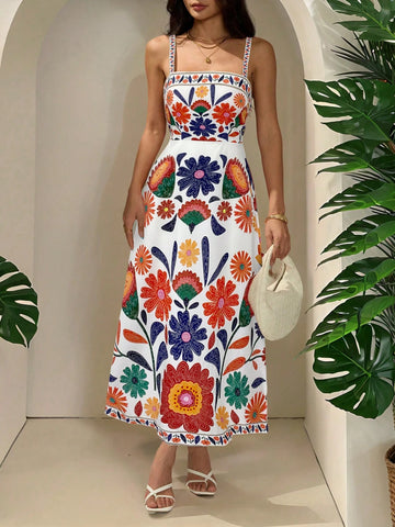 PETITE Women's Sleeveless Gathered Waist A-Line Floral Print Vacation Casual Dress
