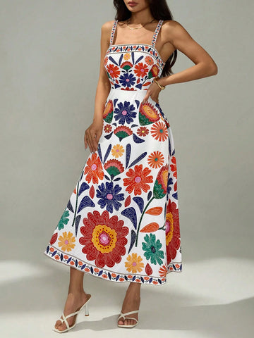 PETITE Women's Sleeveless Gathered Waist A-Line Floral Print Vacation Casual Dress