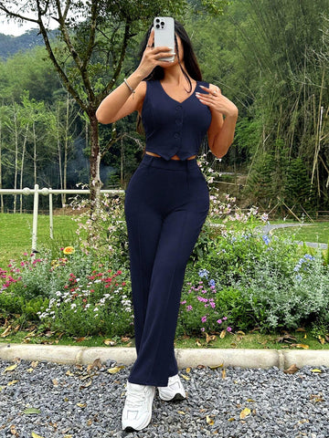 2pcs Women's Solid V-Neck Sleeveless Button Front Top And Pants Set