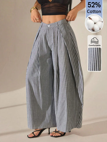 Vintage Casual Hippie Street Oversized Blue Striped Textured Wide Leg Pants
