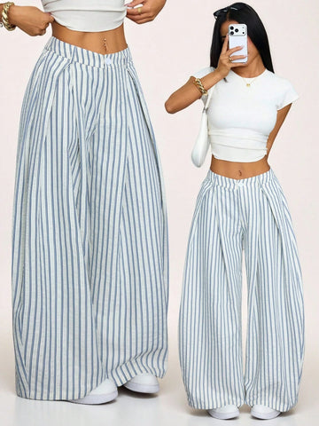 Vintage Casual Hippie Street Oversized Blue Striped Textured Wide Leg Pants