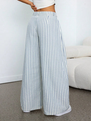 Vintage Casual Hippie Street Oversized Blue Striped Textured Wide Leg Pants