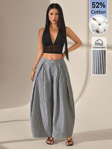 Vintage Casual Hippie Street Oversized Blue Striped Textured Wide Leg Pants